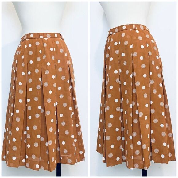 Vintage Orange Pleated Polka Dot Midi Swing Skirt S Small Lined - Picture 1 of 8